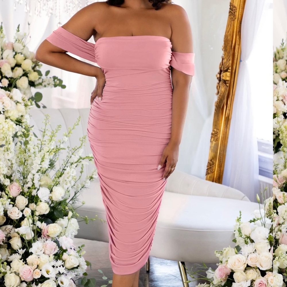 CLUB L LONDON - LOST FOR WORDS PLUS NUDE (pink) BARDOT RUCHED DRAPED MIDI DRESS